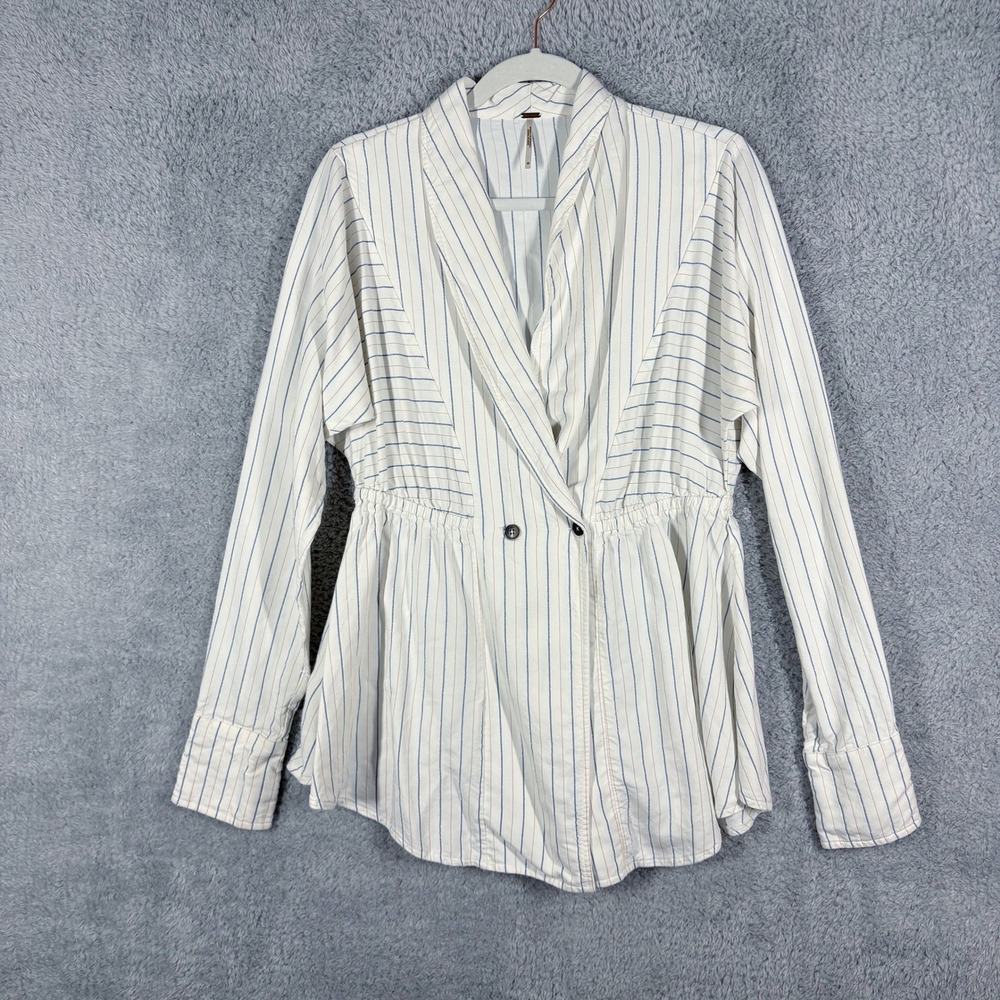 Free People So Divine Pinstripe Menswear Button Down Top Sz M White Office Siren - Picture 2 of 10
